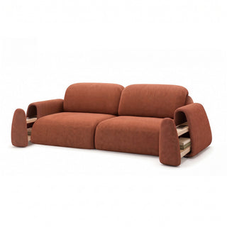 Rounded fabric sofa with armrest storage