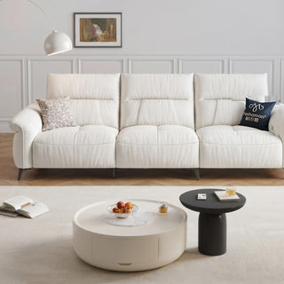 Cream cat-scratch fabric recliner sofa in a living room