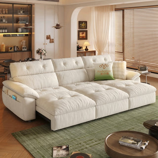 Cream chenille power sofa bed in a living room