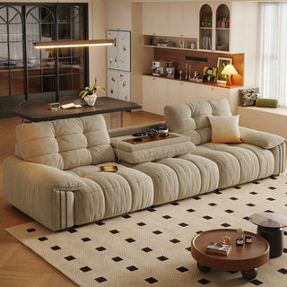 Chenille island sofa with flip-down table in a living room