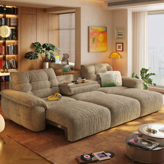 Taupe fabric power sofa bed in a living room
