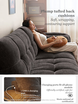 Plump tufted back cushions and USB charging ports