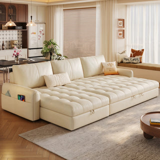 Cream leather sofa bed with chaise in a living room