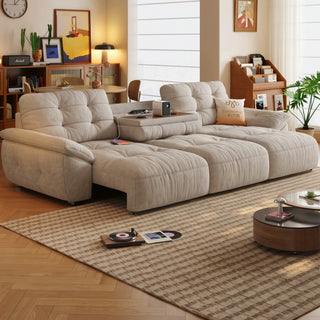 Beige chenille power sofa bed in a living room