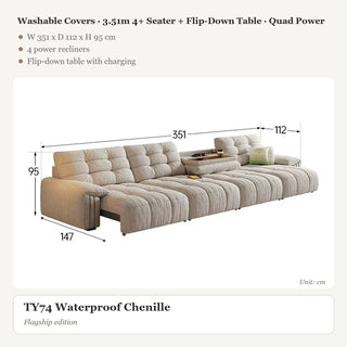 Washable Covers · 3.51m 4+ Seater + Flip-Down Table · Quad Power