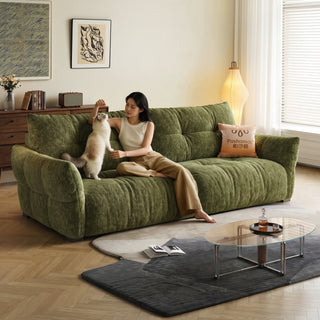 Olive cat-scratch velvet sofa in a living room