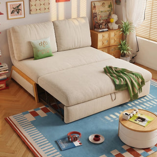Cream cotton-linen sofa bed with wooden side frames