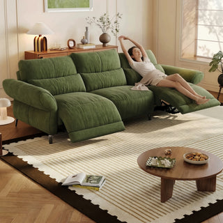 Olive-green chenille power recliner sofa in a living room