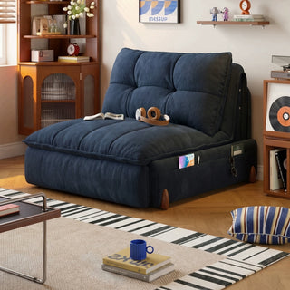 Navy chenille power sofa bed in a living room
