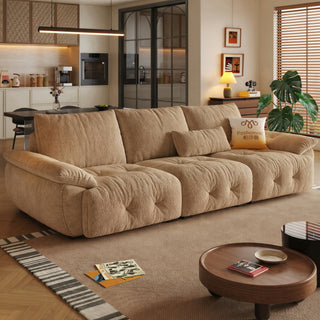 Camel lamb-fleece sofa in a living room