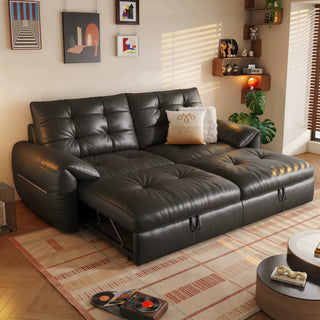 Black leather sofa bed in a living room