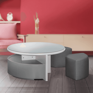 Megafurniture | Alanna Tempered Glass Coffee Table + 2 Fabric Stool | Coffee Table