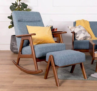 Megafurniture | Andreus Blue Fabric Wooden Rocking Chair with Ottoman | Rocking Chair