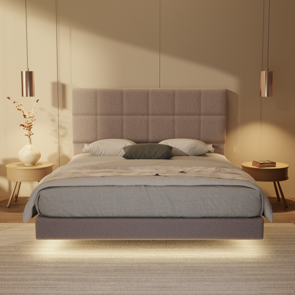 Kassie Teddy Fabric Floating Bed Frame (With LED) – Megafurniture