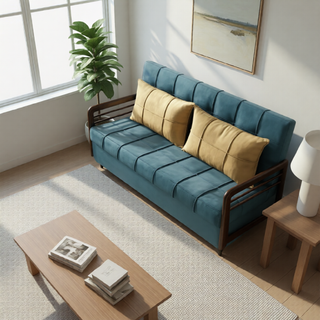 Lottie Leathaire Sofa Bed with Wooden Armrest in Teal