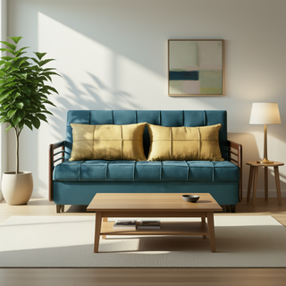 Lottie Leathaire Sofa Bed with Wooden Armrest in Teal