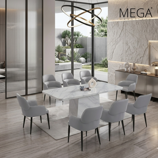 Myrhe Marble Dining Table & Isen Faux Leather Dining Chair Set (1+8)