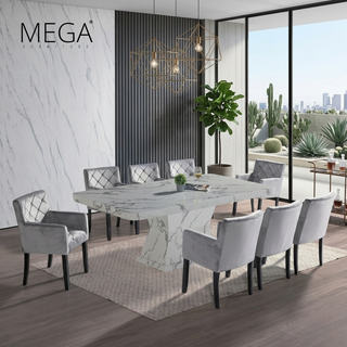 Roja Marble Dining Table & Canis Fabric Dining Chair Set (1+8)
