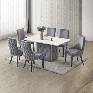 Megafurniture | Samire Velvet Chesterfield Marble Dining Table in Dark Grey (150cm) | Dining Table