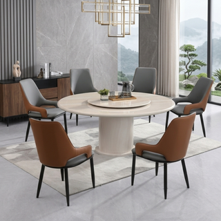 Selvik Round Dining Table & Aster Faux Leather Dining Chair Set (1+6)
