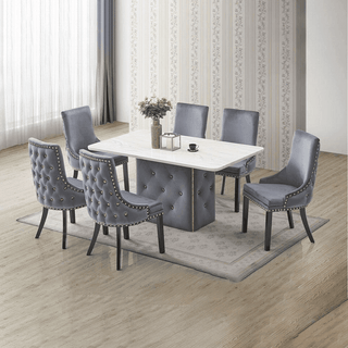 Samire Velvet Chesterfield Marble Dining Table in Dark Grey (150cm)