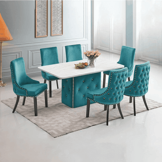 Samire Velvet Chesterfield Marble Dining Table in Green (150cm)