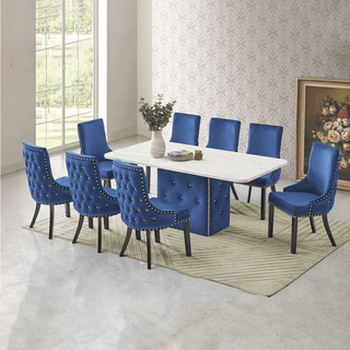 Samaira Velvet Chesterfield Marble Dining Table in Royal Blue (150cm)