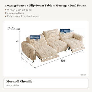 3.04m 3-Seater + Flip-Down Table + Massage · Dual Power