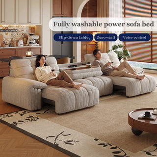 Fully washable power sofa bed with flip-down table, zero-wall design and voice control