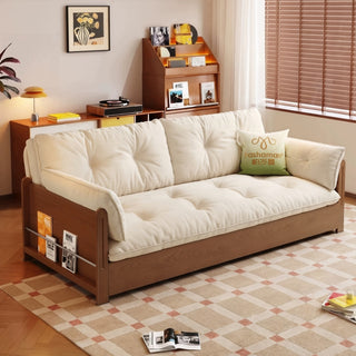 Cream chenille sofa bed with rubberwood side frames