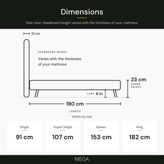 Asteron Fabric Bed Frame (Water Repellent & Pet friendly) by Somnuz - Dimensions