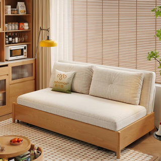Cream cotton-linen armless sofa bed in a rubberwood frame