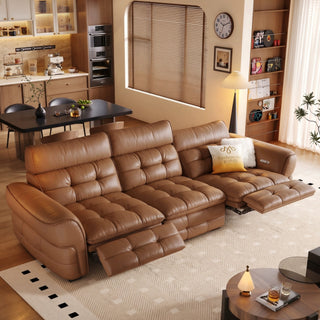 Tan leather power sofa in a living room