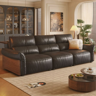 Black leather sofa with solid-wood side panels
