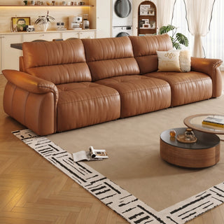 Caramel leather sofa in a living room