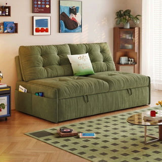 Moss-green chenille sofa bed in a living room