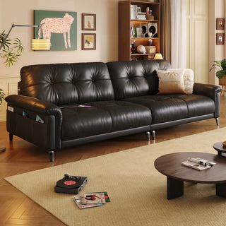 Black leather sofa in a living room