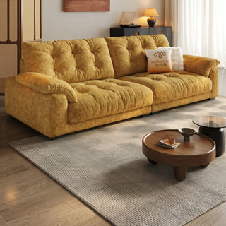 Mustard cat-scratch velvet cloud sofa in a living room