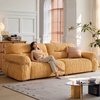Orange fabric sofa in a living room