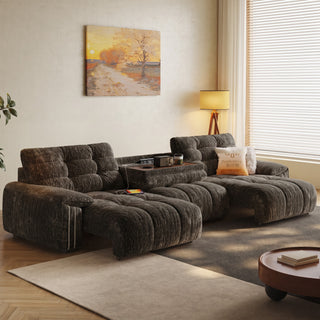 Power reclining chenille sofa bed in a living room