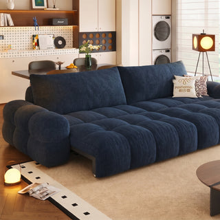 Navy chenille power sofa bed in a living room