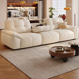 Cream chenille sofa with console table in a living room