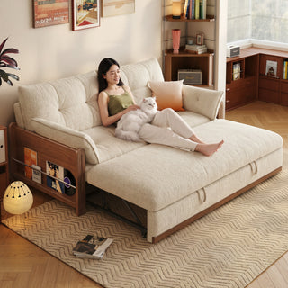 Cream lamb-fleece sofa bed in a living room