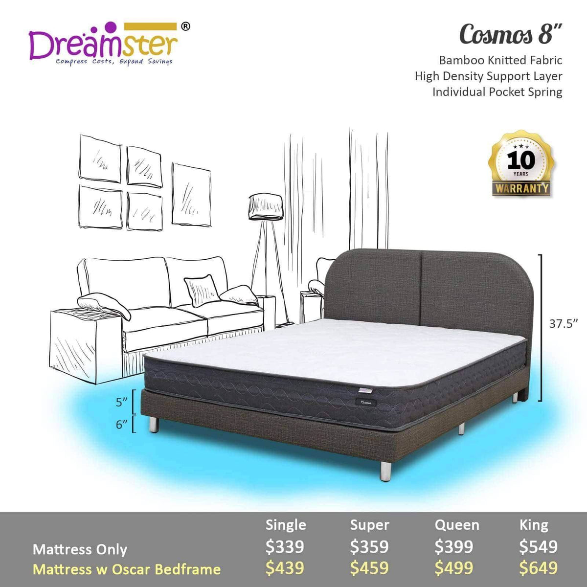 Dreamster Cosmos Pocketed Spring Mattress + Bed Frame Singapore
