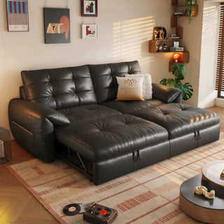 Black leather sofa bed in a living room