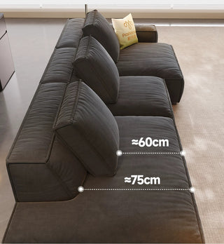 60 cm seat, 75 cm without back cushions