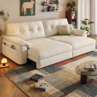 Cream chenille power sofa bed in a living room