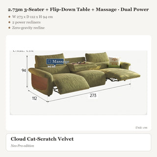 2.73m 3-Seater + Flip-Down Table + Massage · Dual Power