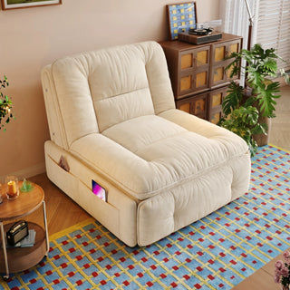Cream cat-scratch lounger sofa bed in a living room