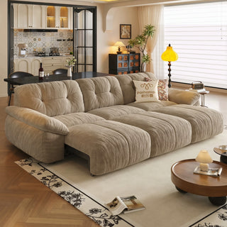 Taupe chenille power sofa bed in a living room